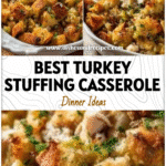 Baked Turkey Stuffing Casserole with golden breadcrumbs and tender leftover turkey in a rustic dish